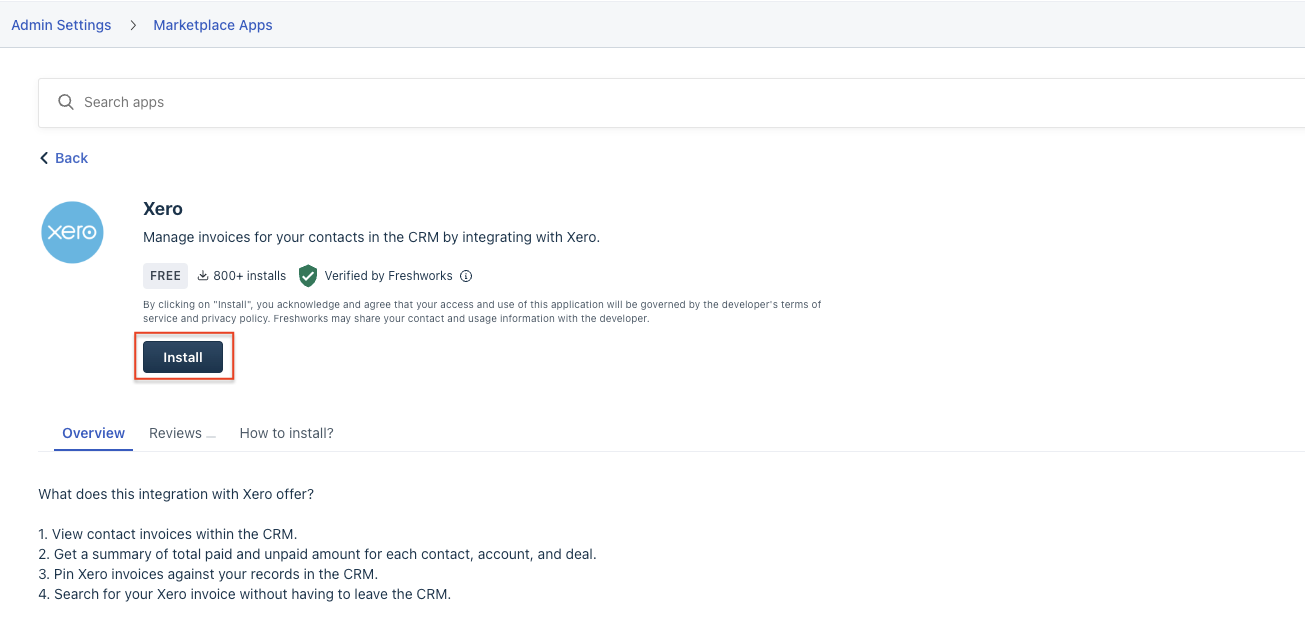The Freshworks marketplace where you can install the Xero integration.