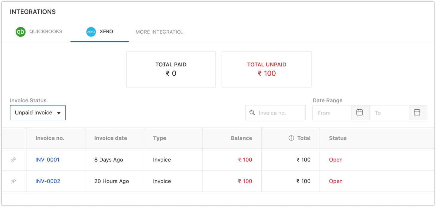 Freshsales dashboard where you can access Xero Invoice payment status from within the CRM.