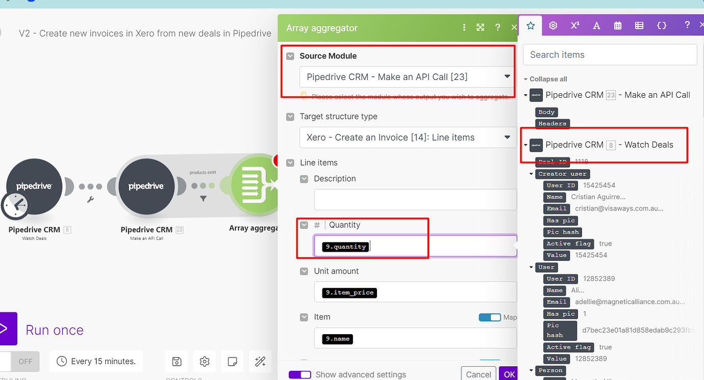 An import configuration between Pipedrive and Xero.