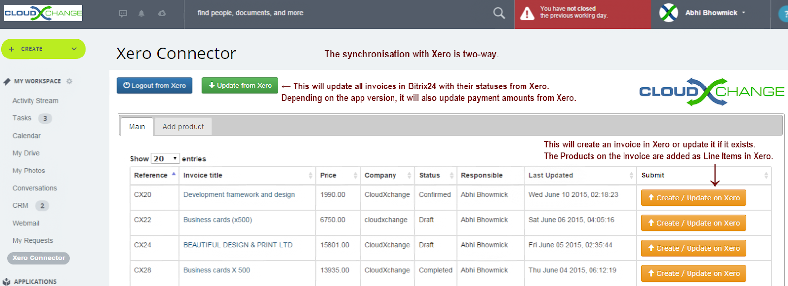 The Bitrix24 and Xero integration via the Xero Connector by CloudXchange.