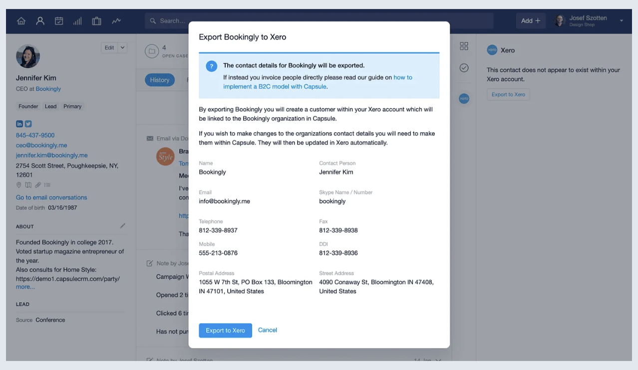 Capsule CRM exporting an account's data to Xero.