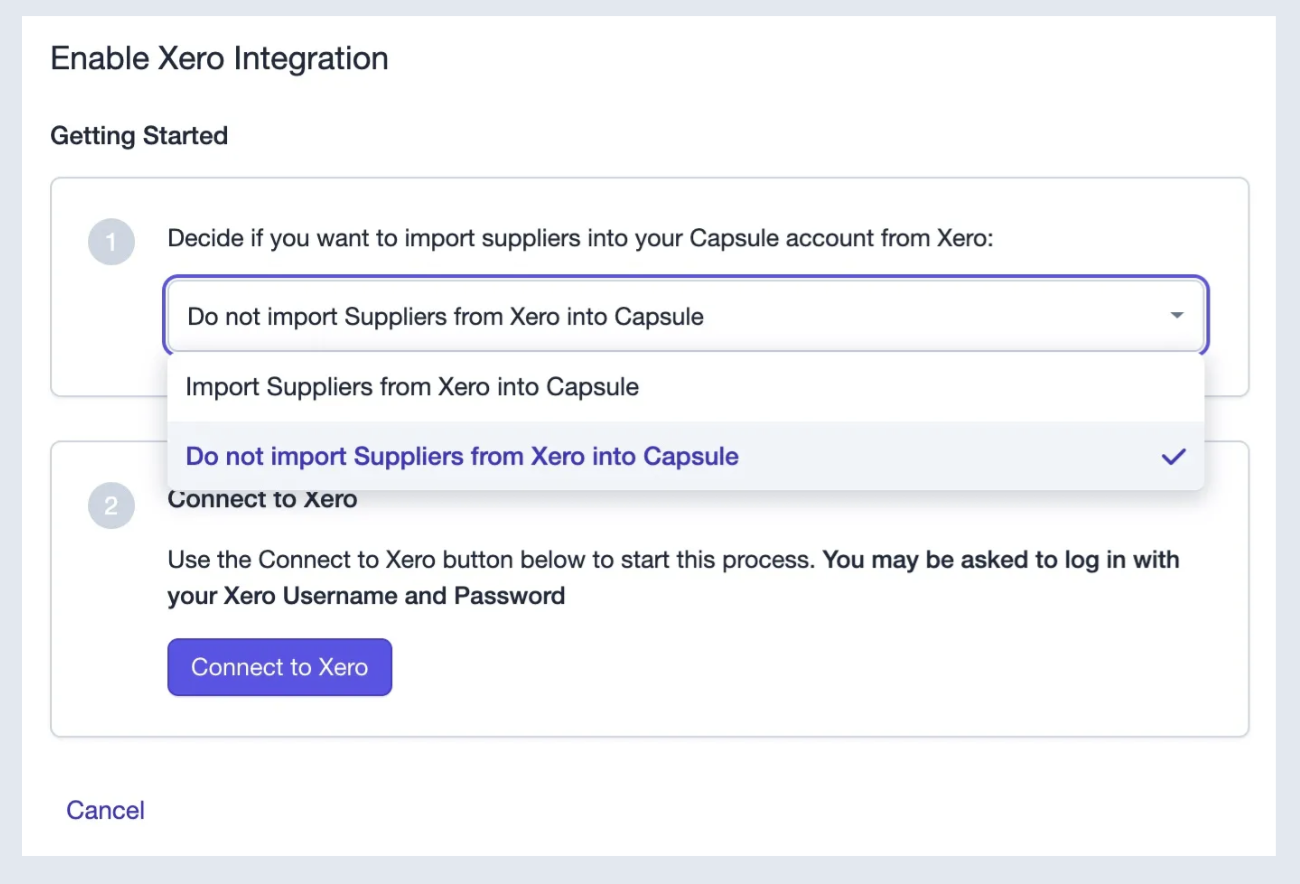 Import options for supplier information between Capsule and Xero.