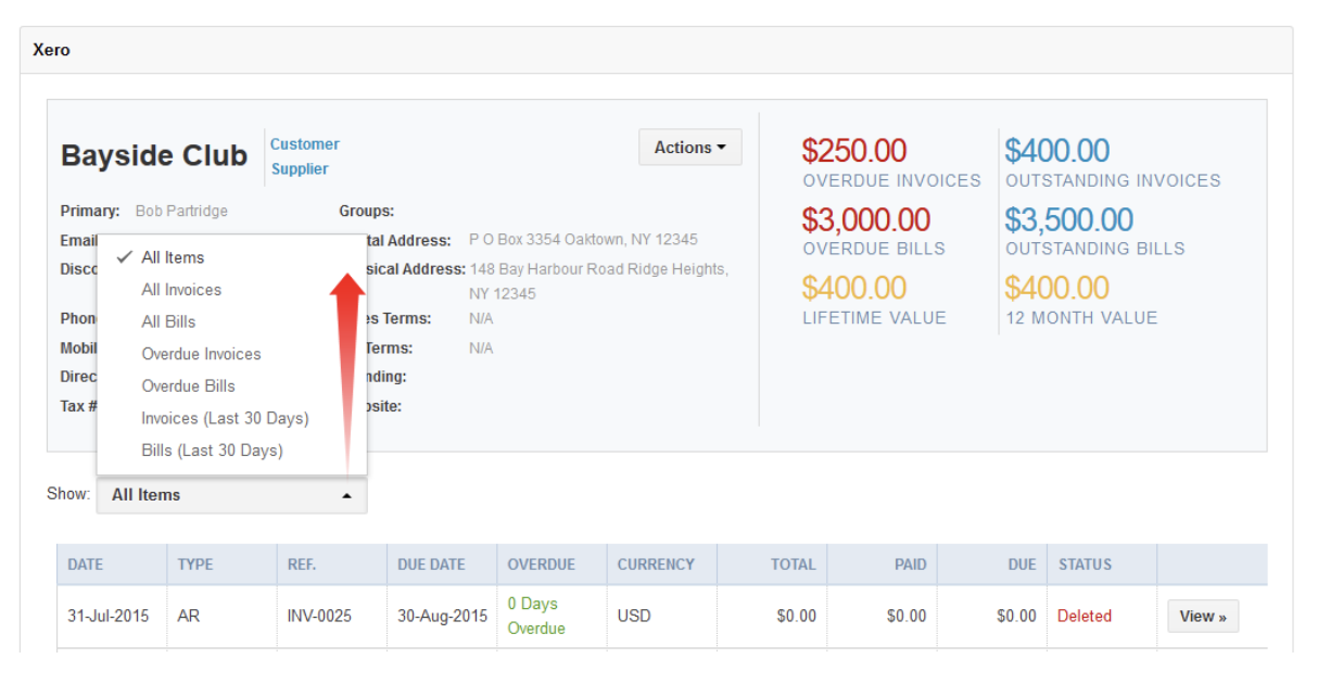 Insightly with invoice statuses like overdue invoices and outstanding bills.