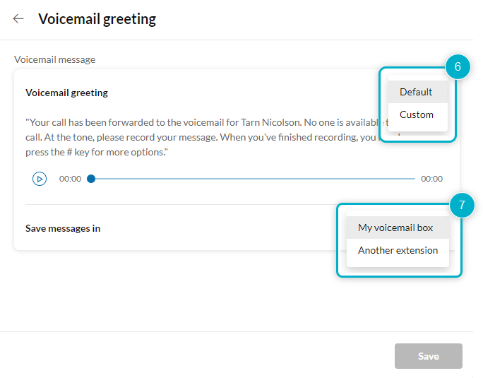 The RingCentral voicemail greeting settings interface displaying a recorded voicemail message.