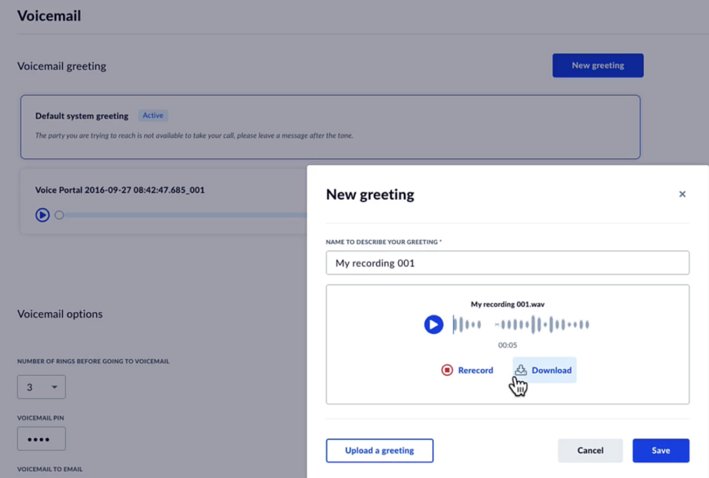 The Nextiva voicemail settings interface displaying options to rerecord or download a new greeting.