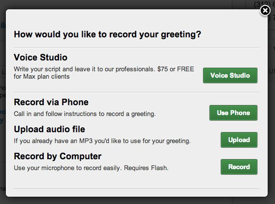 The Grasshopper voicemail greeting options for voice studio, phone/computer recording, and file upload.