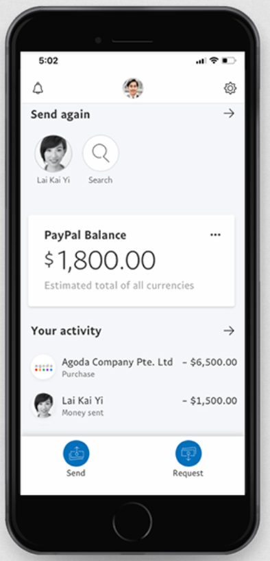 PayPal dashboard on smartphone.