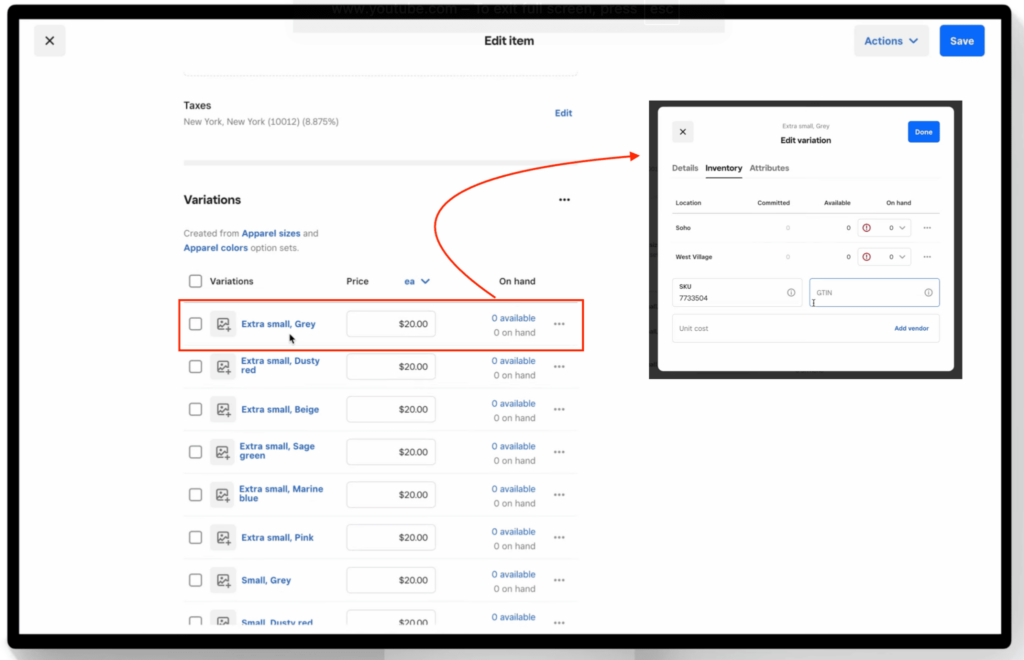 Square item editor showing variation-level inventory details and editing panel