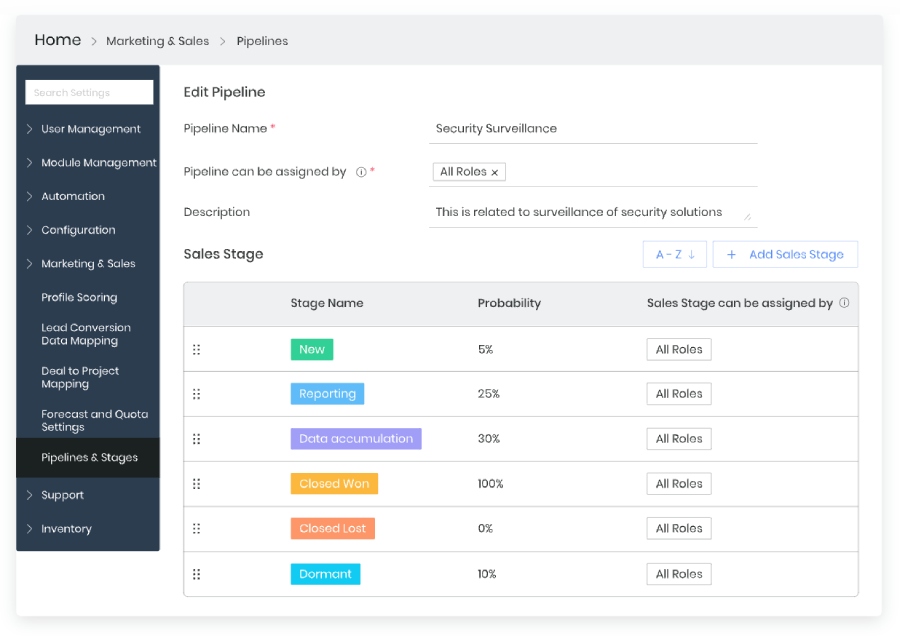 Vtiger's customizable marketing and sales pipelines, sales quotas, and forecast categories.