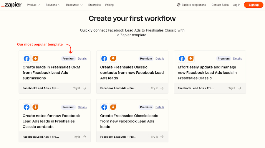 Zapier workflow templates for automating Freshsales lead creation from Facebook Lead Ads submissions.