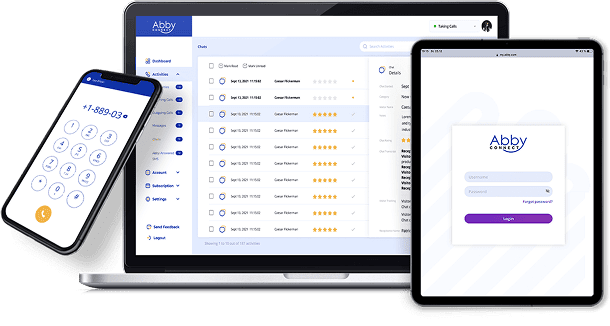 Laptop, mobile phone, and tablet each featuring the AbbyGo app and web portal.
