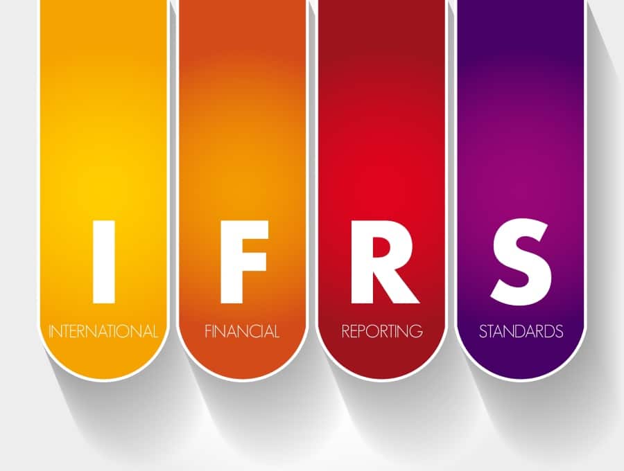 Acronym of IFRS written on colorful banners.