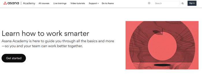 Landing page for the Asana Academy, which features courses, training, and customer support.