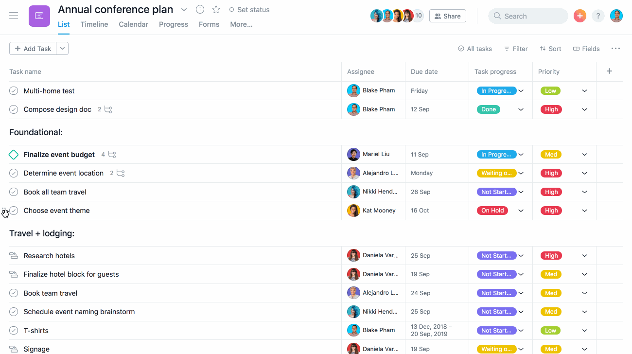 Moving project lists and columns demonstrating how tasks are organized in Asana.