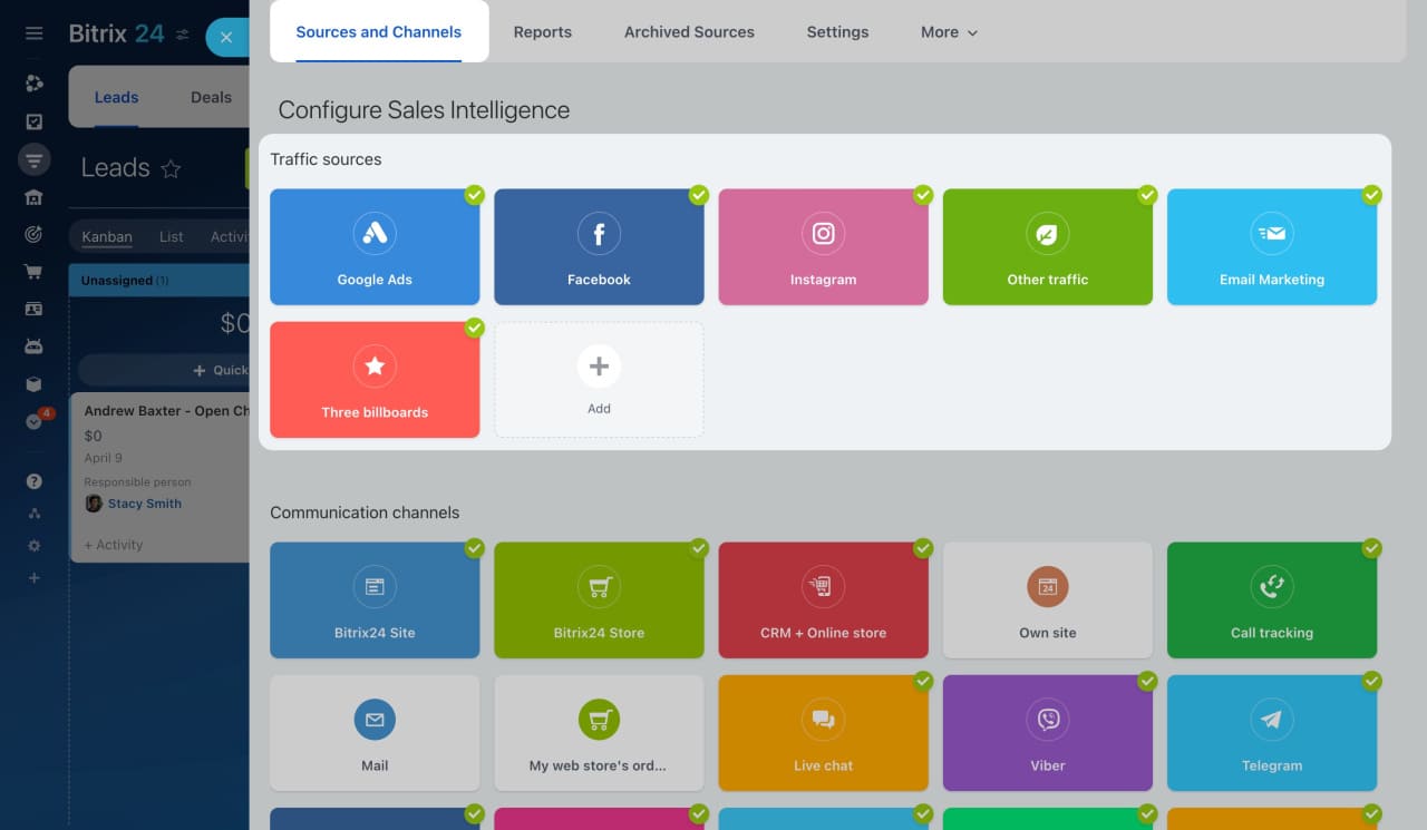 Bitrix24's sales intelligence dashboard showing options for configuring custom traffic sources.