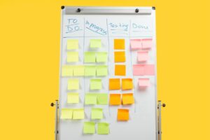 A Kanban Board with sticky notes isolated on yellow