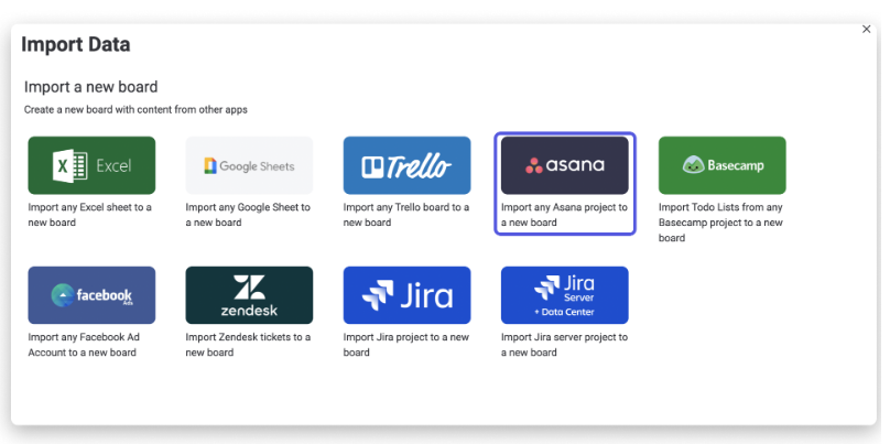 Image of monday.com's import tool, with a list of project management apps.