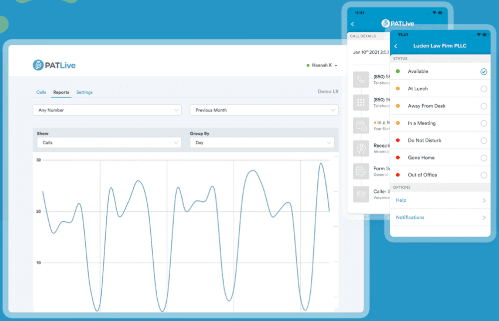 The PATLive reporting dashboard and availability controls on a mobile interface.