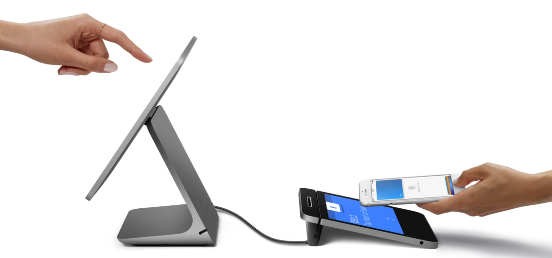Customer-facing display detached from Square Register but connected by a cable.