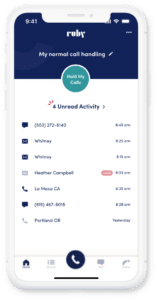 Mobile phone screen featuring the Ruby app with call handling activity.