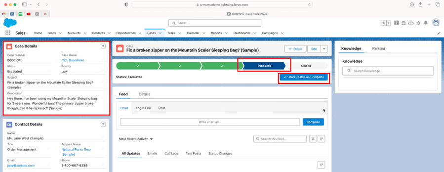 Salesforce's case dashboard with case details and status.