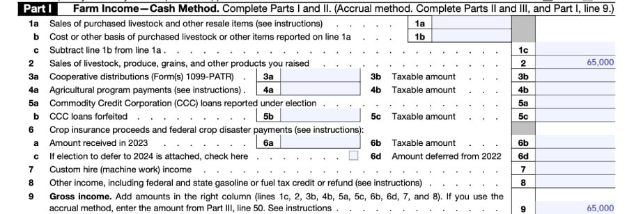 Sample Input for Schedule F, Part I.