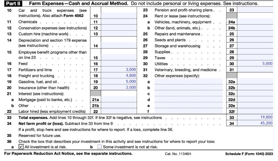 Sample Input, Schedule F, Part II.