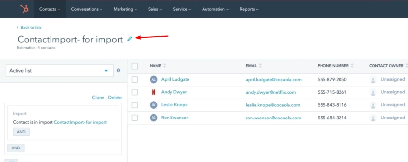Pen icon to edit contact name on HubSpot CRM.