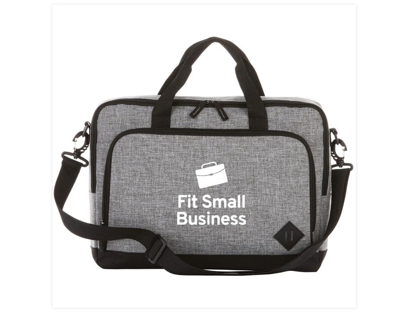 A promotional custom computer briefcase in gray fabric with black trim with the Fit Small Business logo printed in white.