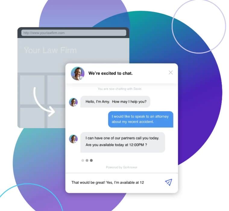 Go Answer virtual web chat agents answering client questions on a law firm website.