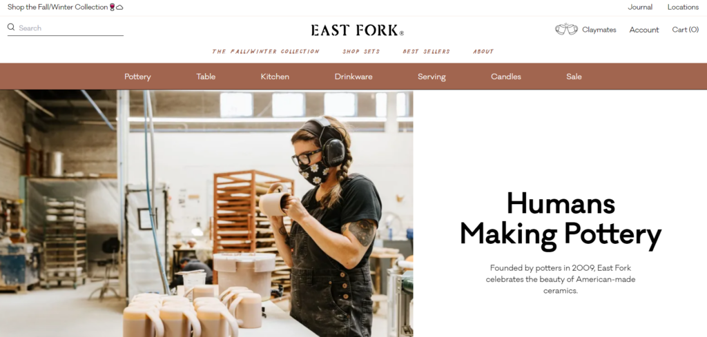 Homepage for ceramic manufacturing company East Fork