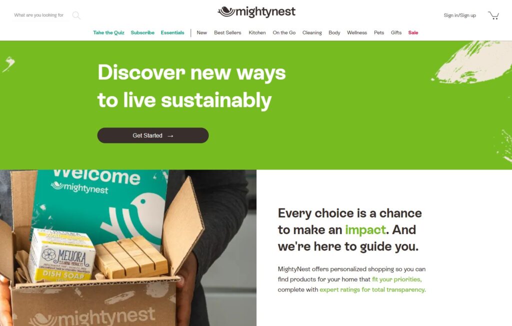 Homepage for the home goods ecommerce company Mighty Nest