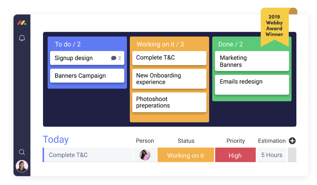 Example of a Kanban board on the monday.com platform showing tasks across three standard columns.