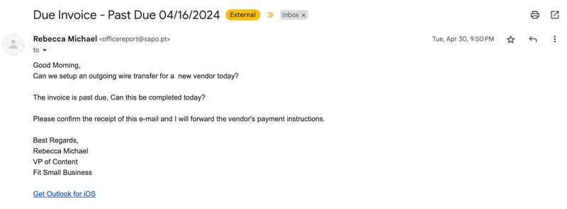 Example of a phishing email asking for payment.