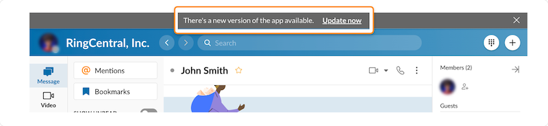 The upper portion of the RingCentral desktop app with a new software update banner.