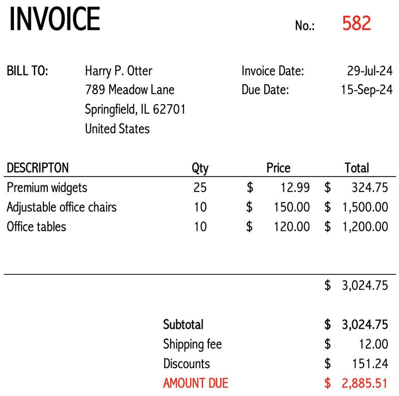 Image showing a sample invoice