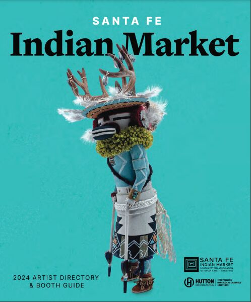 The Santa Fe Indian Market 2024 Artist Directory & Booth Guide cover with a solid turquoise background and foreground image of a Kachina doll.