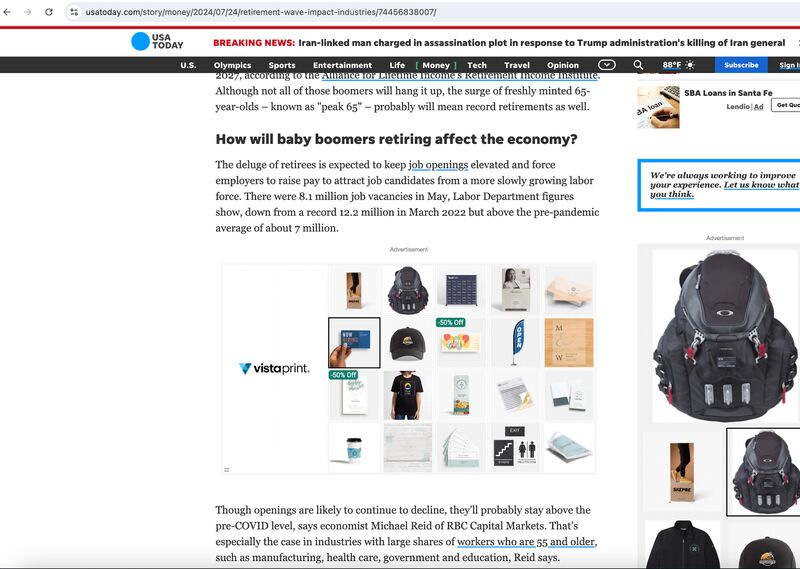  VistaPrint pay-per-click website ad retargeting on sidebar and middle of USA Today article on retirement.