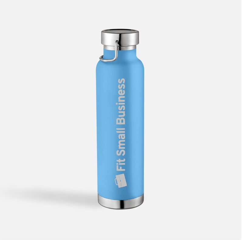 A bright medium blue water bottle against a white background from Vistaprint engraved with the Fit Small Business logo in silver.