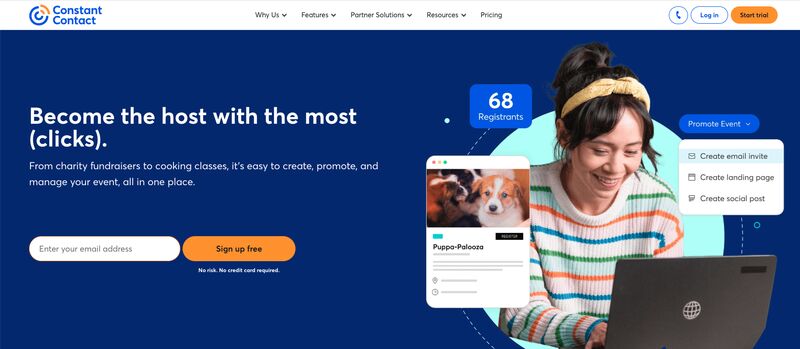Constant Contact event management and promotion tools homepage with the headline “become the host with the most (clicks)” and a hero image of a young Asian woman in a striped sweater on a laptop on a navy blue background with inset images of the email invitation she is creating for a pet store.