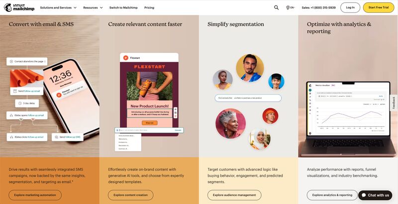 Mailchimp’s end-to-end marketing platform divided into four columns and sections: convert with email and SMS, create relevant content faster, simplify segmentation, and optimize with analytics and reporting.