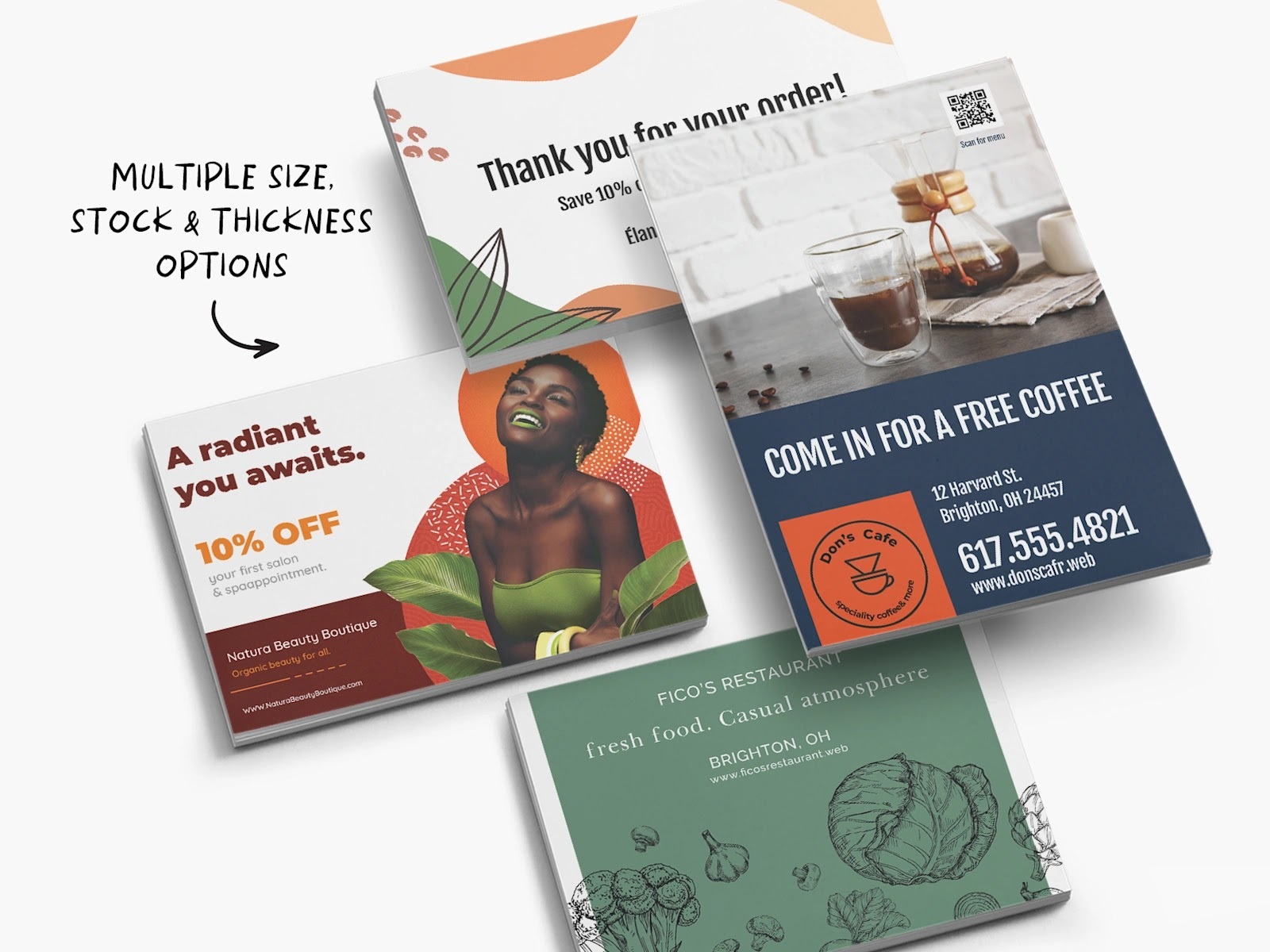 VistaPrint postcards laid out on a white background in various sizes. The postcards include messages such as "Thank you for your order," "A radiant you awaits," "Come in for a free coffee," and "Fresh food, casual atmosphere."