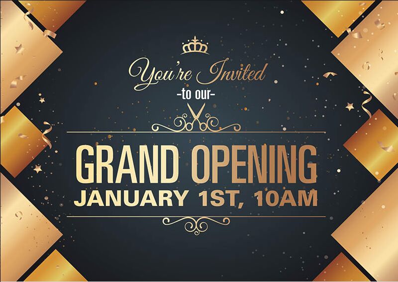 A grand opening invite sample by Postcard Mania depicting gold squares and confetti on a black background with the text " You're invited to our grand opening, January 1st, 10 AM.”