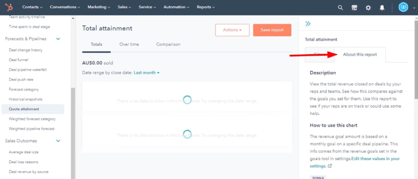 About this report tab on HubSpot CRM.