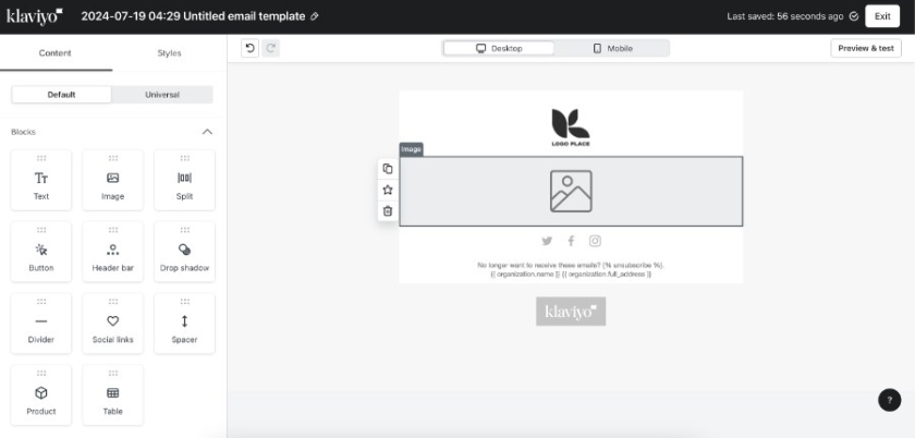 An email being designed in Klaviyo's editor.