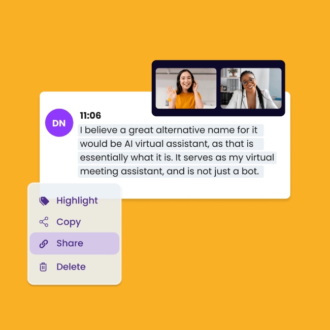 An overlay of a video call, meeting excerpt, and share option in MeetGeek.