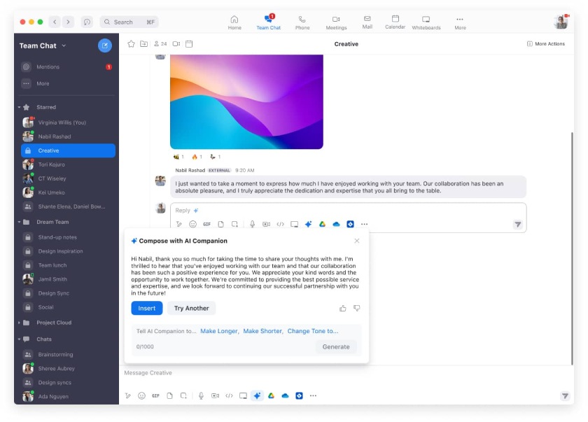 An iOS interface for Zoom Team Chat showing an AI Companion suggestion for an email.
