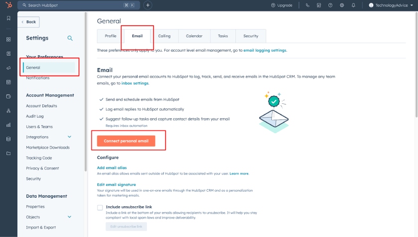 Connect to your email option on HubSpot CRM using a free demo account.