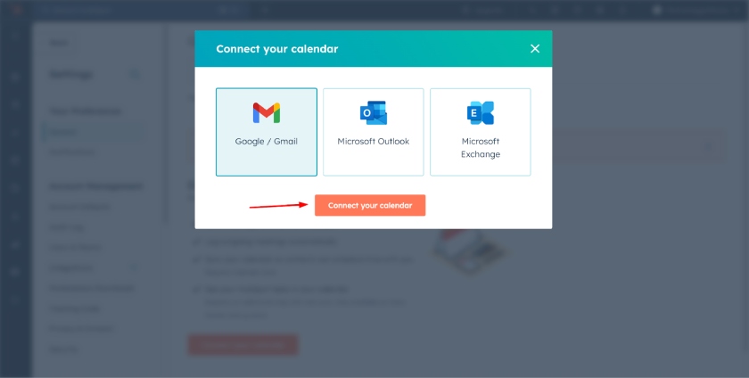 Connect your calendar button on HubSpot CRM using a free demo account.