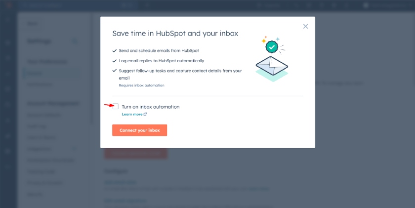 Connect your inbox and turn on inbox automation on HubSpot CRM using a free demo account.